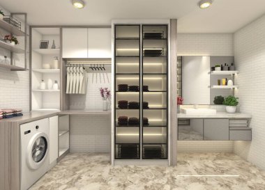 Modern iç döşeme ve aydınlatma dekorasyonlu çamaşır odası tasarımı. Odada ayna paneli, çamaşır makinesi alanı, depolama ve vitrin vitrinli lavabo dolabı bulunuyor. Mermer zemin ve beyaz tuğla kiremitler kullanarak..