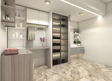 İç çamaşır odası için modern kompartıman tasarımı. Odada ayna paneli, çamaşır makinesi alanı, depolama ve vitrin vitrinli lavabo dolabı bulunuyor. Mermer zemin ve beyaz tuğla kiremitler kullanarak..