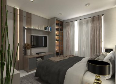 Ahşap döşemeleri kullanarak rahat, modern ana yatak odası tasarımı. Odada, arka duvar dekorasyonu, kraliçe yatağı ve gardırop vitrinli televizyon dolabı bulunuyor..