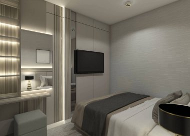 Modern duvar televizyonu ve ışıklandırma dekorasyonlu arka plan, iç yatak odası için uygun..