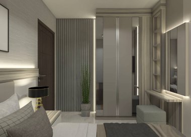 Makyaj masası olan minimalist ve modern kıyafetler. Odada duvar arkaplanı süsü, ışıklandırma dekorasyonu ve ayna paneli yer alıyor. İç yatak odası için uygun..