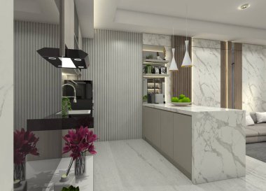 Lüks ve mermer mobilyalı modern mutfak dolabı. Duvar paneli dekorasyonu ve iç ışıklandırma kullanılıyor.