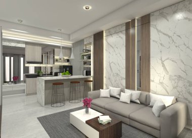 Bar masası ve kiler olan modern oturma odası tasarımı. Odada sehpa ve duvar paneli dekorasyonu yer alıyor. Ahşap ve mermer döşemeleri kullanarak..