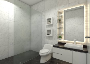 Minimalist lavabo dolabı ve ayna paneli olan modern banyo tasarımı. Odada duş alanı, dolap ve raf deposu var. Mermer duvar ve ışıklandırma dekorasyonu.