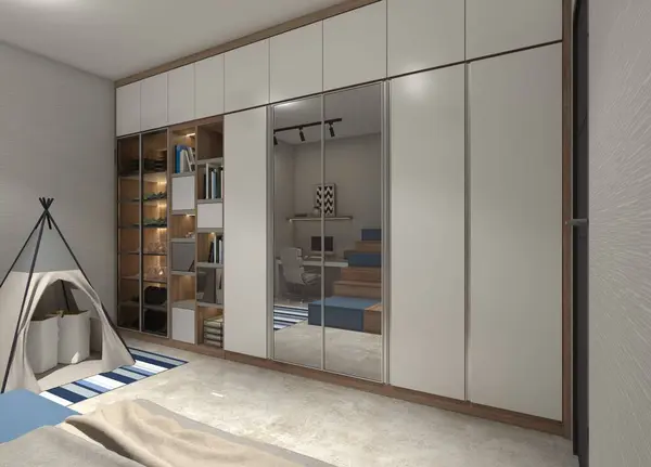 Modern and minimalist clothes Wardrobe design. Using wooden and white doors cabinet, mirror door frames and display rack accessories.