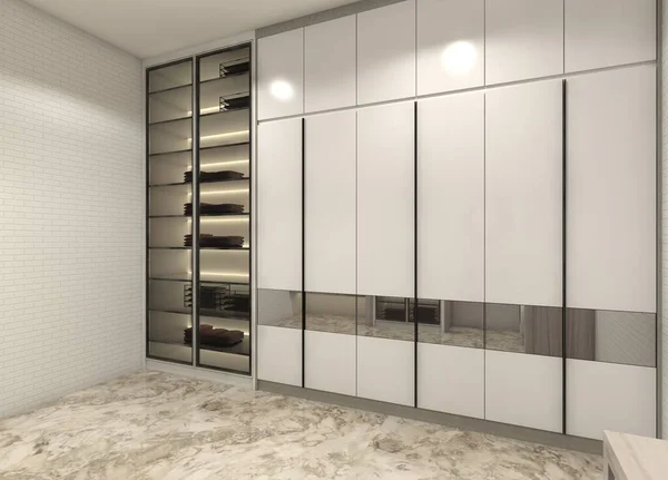 Modern wardrobe display and storage for interior laundry room. Using white doors cabinet combine with mirror ornament.