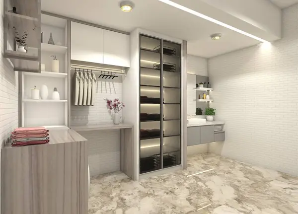 Modern compartment design for interior laundry room. In the room include washbasin cabinet with mirror panel, washing machine area, storage and showcase display cabinet. Using marble floor and white brick tiles wall.