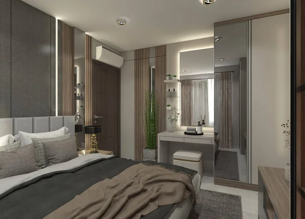 Luxury master bedroom design with makeup table and mirror display. Using interior lighting and wall panel decoration. In the room include minimalist clothes wardrobe.