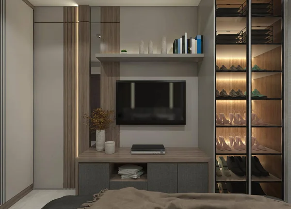 Modern and minimalist tv cabinet design with wall panel decoration and wooden wardrobe cabinet for shoes storage. Suitable for interior bedroom and living room.