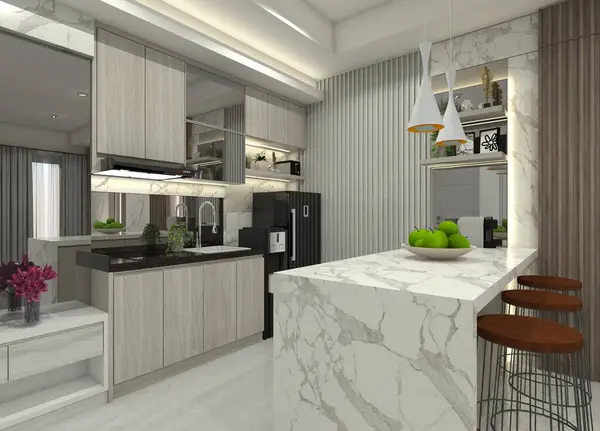 Modern kitchen design with luxury island bar cabinet. Using light wooden and marble furnishing. In the room include wall panel ornament and lighting decoration.
