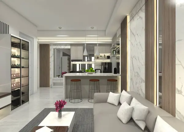 Modern and minimalist interior apartment design. In the apartment include living room with sofa, simple bar table area and kitchen. Using light furnish and lighting decoration.