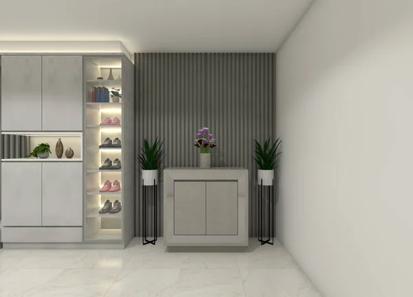 Minimalist drawer cabinet design for interior corner living room. Using white furnish and wall panel decoration with shoe wardrobe cabinet in the side.