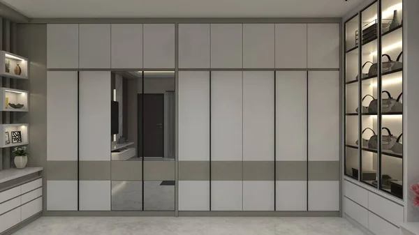 Awesome walk-in closet design with modern wardrobe clothes cabinet and showcase display for accessories collection. Using white, beige and mirror door furnishing. In the room include interior lighting decoration