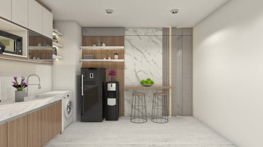 Duvar dekorasyonlu minimalist bar masası tasarımı. İç aydınlatma, mermer ve ahşap döşemelerle. Mutfak ve yemek odası için uygun. Odada raf rafı, buzdolabı ve şeker kutusuyla içecek alanı yer alıyor..