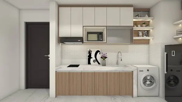 Modern and minimalist kitchen set design with clothes washing machine area. Using wooden door cabinet furnishing, countertop marble and brick ceramic tile backsplash. In the kitchen include stove, sink, cooker hood, microwave and refrigerator.