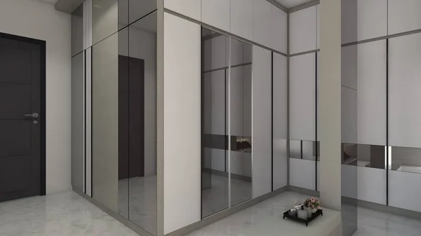 Modern fitting room design with white doors furnishing and mirror decoration. Using marble floor and beige color wall accent.