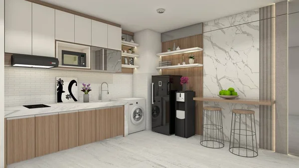 Minimalist and modern kitchen cabinet design with bar table area and wall panel decoration. Using interior lighting, marble and wooden furnishing.