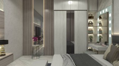 Modern ahşap gardırop tasarımı ve ana yatak odası için aksesuar dolabı. Lüks tuvalet masası, ışıklandırma dekorasyonu ve duvar paneli arka planı kullanılıyor.