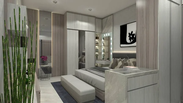 Modern master bedroom design with clothes wardrobe and wall background decoration. Using queen bed size and interior lighting. In the room include dressing table, cushion bench and tv cabinet.