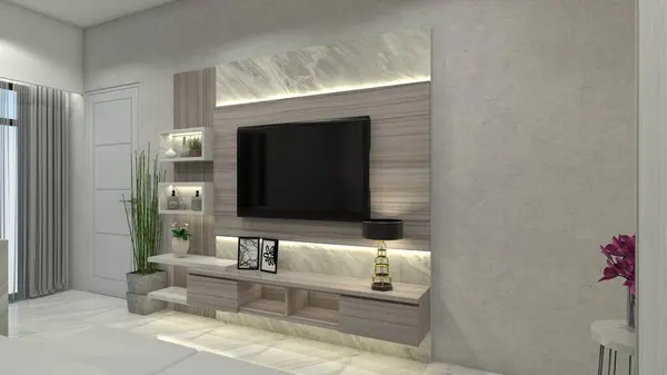 Minimalist and modern tv cabinet design with wooden cabinet furnishing. Using simple table, display rack for accessories, lighting decoration and wall panel ornament.