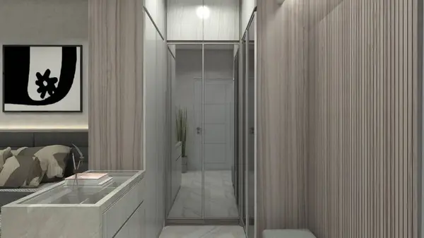 Fitting room design with wooden clothes cabinet and mirror door. Suitable for interior master bedroom.