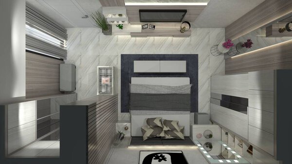 Modern master bedroom layout design with clothes wardrobe and tv cabinet. In the room include cushion bed, dressing table, and wall panel decoration.