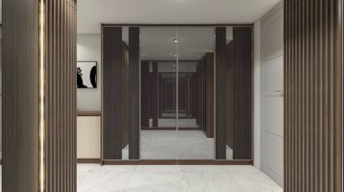 Ahşap ve aynalı dolap tasarımı. İç döşeme odası ve yatak odası için uygun..