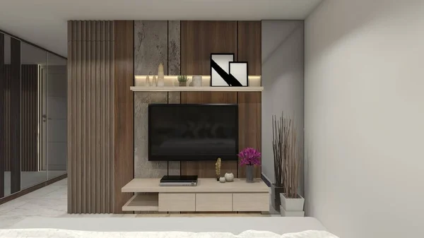 Tv cabinet design with rustic style. Using wooden and travertine marble furnishing, minimalist table, wall panel background, shelving rack and lighting decoration. Suitable for interior bedroom and living.