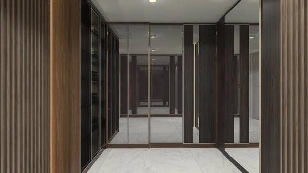 Rustic and luxury walk in closet design with wooden and mirror cabinet door. Using marble floor and interior lighting.