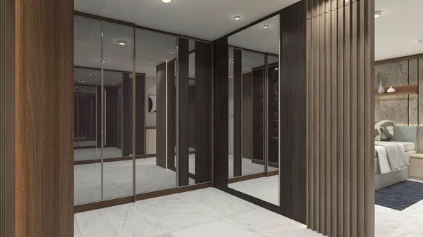 Modern and luxury fitting room design with wooden and mirror cabinet door. Using marble floor and interior lighting.