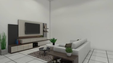 Ahşap televizyon dolabı ve kırsal tarzda iç mekan tasarımı için rahat bir kanepe. Raflar ekran ve duvar paneli arka plan dekorasyonu kullanılıyor.