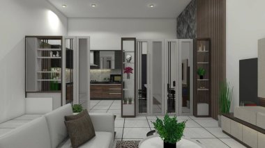 İç mekan için modern bölme tasarımı. Süsleme, ayna ve ahşap mobilya kullanarak..