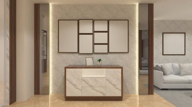 İç mekan tasarımı için modern çekmece dolabı. Mermer kapılarla döşenmiş ahşap bir dolap kullanıyor. Duvar çerçevesi, arka panel ve ışıklandırma dekorasyonunu dahil et.