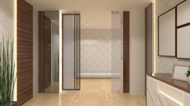 Ahşap ve ayna camı döşemeli modern duvar bölme tasarımı. İç koridor, giriş, koridor ve oturma odası için uygun..