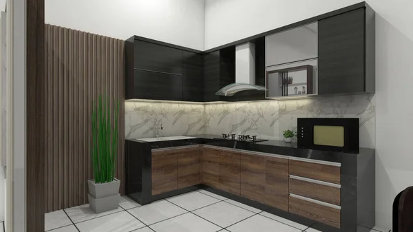 Kitchen cabinet design with industrial style using wooden and marble furnishing. In the kitchen include wooden wall panel background, sink, stove and oven.