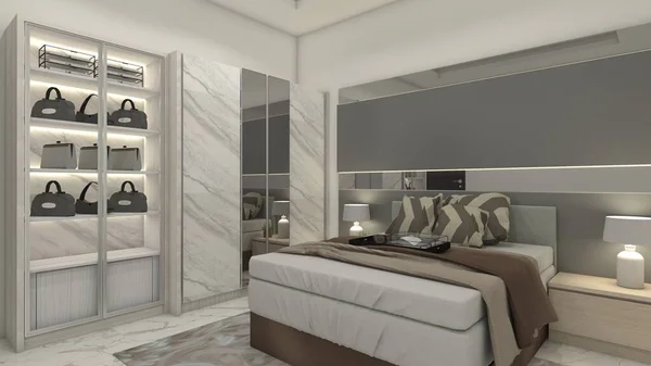 Modern and luxury master bedroom design with headboard panel decoration and clothes wardrobe cabinet. Include king size bed cushion, side drawer and showcase display. Using grey color and marble furnishing.