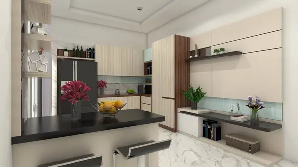 Modern kitchen design with minimalist bar cabinet, include wall panel decoration and shelving rack display. Using wooden cabinet furnishing and granite countertop.