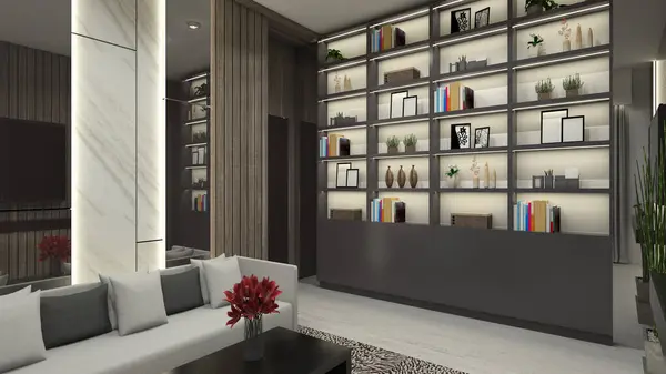 Modern living room with shelving rack display and wall panel decoration. Using interior lighting and accessories collection.