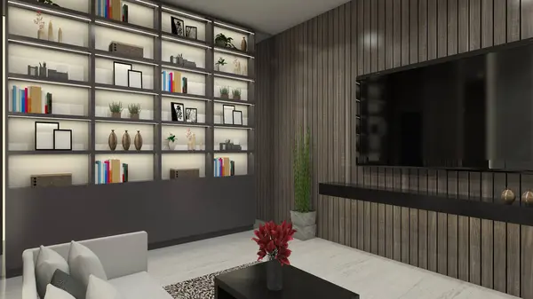 Interior library design with display rack and TV cabinet. Using wooden furnishing and lighting decoration.
