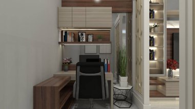 Basit masa ve depolama kompartımanı olan minimalist çalışma alanı tasarımı. Ahşap döşeme ve duvar bölümleme dekorasyonu kullanılıyor..