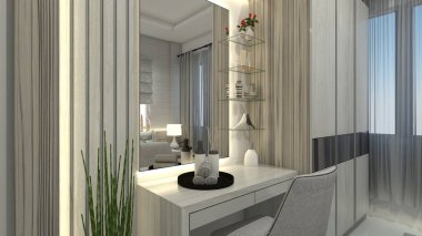 Ayna paneli ve elbise dolabı olan modern makyaj masası. Ahşap döşeme ve iç aydınlatma dekorasyonu kullanarak. İç yatak odası için uygun..