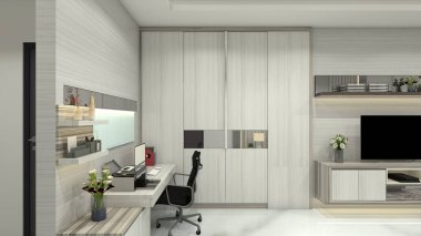 Çekmece dolabı, vitrin rafı ve gardırobu olan minimalist çalışma masası tasarımı. Ahşap döşeme ve iç aydınlatma dekorasyonu kullanılarak..