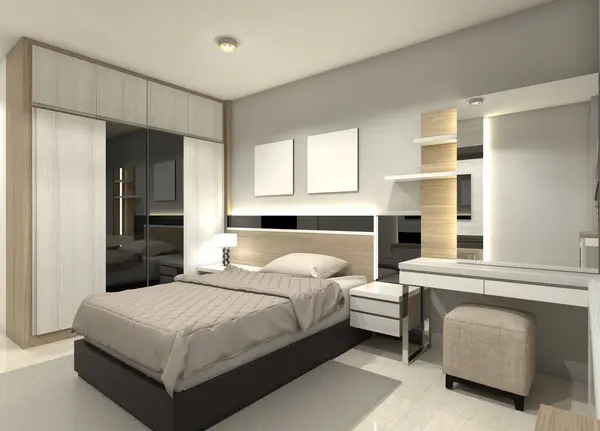 Modern bedroom design with clothes wardrobe cabinet, Minimalist Bed Frame and Dressing Table. Include side drawer table and simple headboard panel, using wooden furnishing.