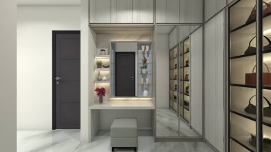 Modern tuvalet masası ve elbise dolabı tasarımı. Ayna paneli, ışıklandırma dekorasyonu ve çanta vitrini içerir.