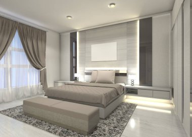 Lüks yatak odası tasarımı, minder tezgahı ve arka plan dekorasyonu. Yan çekmece ve kıyafet dolabını da dahil et. Beyaz stil renk mobilyası kullanılıyor.