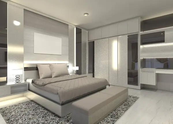Modern master bedroom design with lighting effects decoration. Using white color cabinet furnishing, in the room include bed frame, headboard panel and wardrobe cabinet.