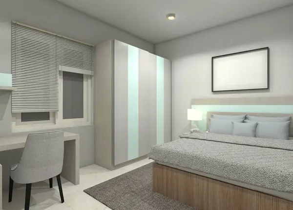 Minimalist bedroom design with simple bed, clothes wardrobe cabinet and table desk. Using white color style furnishing with little wooden ornament.