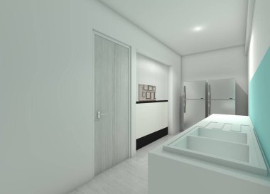 Minimalist tezgah lavabosu konsepti, mobilya olmadan. Buzdolabı ve kapı erişimini de ekle.