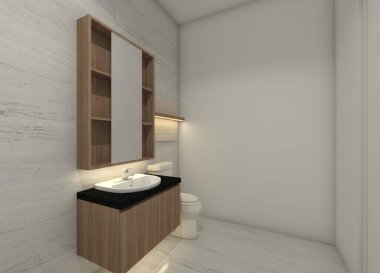 İç banyo için ayna kutusu olan ahşap lavabo dolabı. Mermer duvar ve zemin dekorasyonunu kullanarak ve iç aydınlatma dekorasyonunu kullanarak..