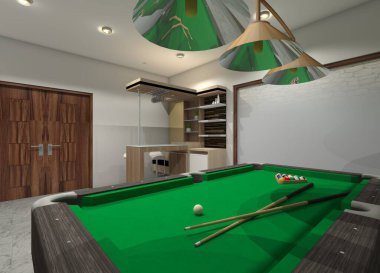 Minimalist tezgah dolabı olan modern bilardo odası tasarımı. Ahşap döşeme ve iç aydınlatma kullanarak..